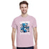 Pink cotton-blend crew neck T-shirt for men with blue teddy bear graphic.