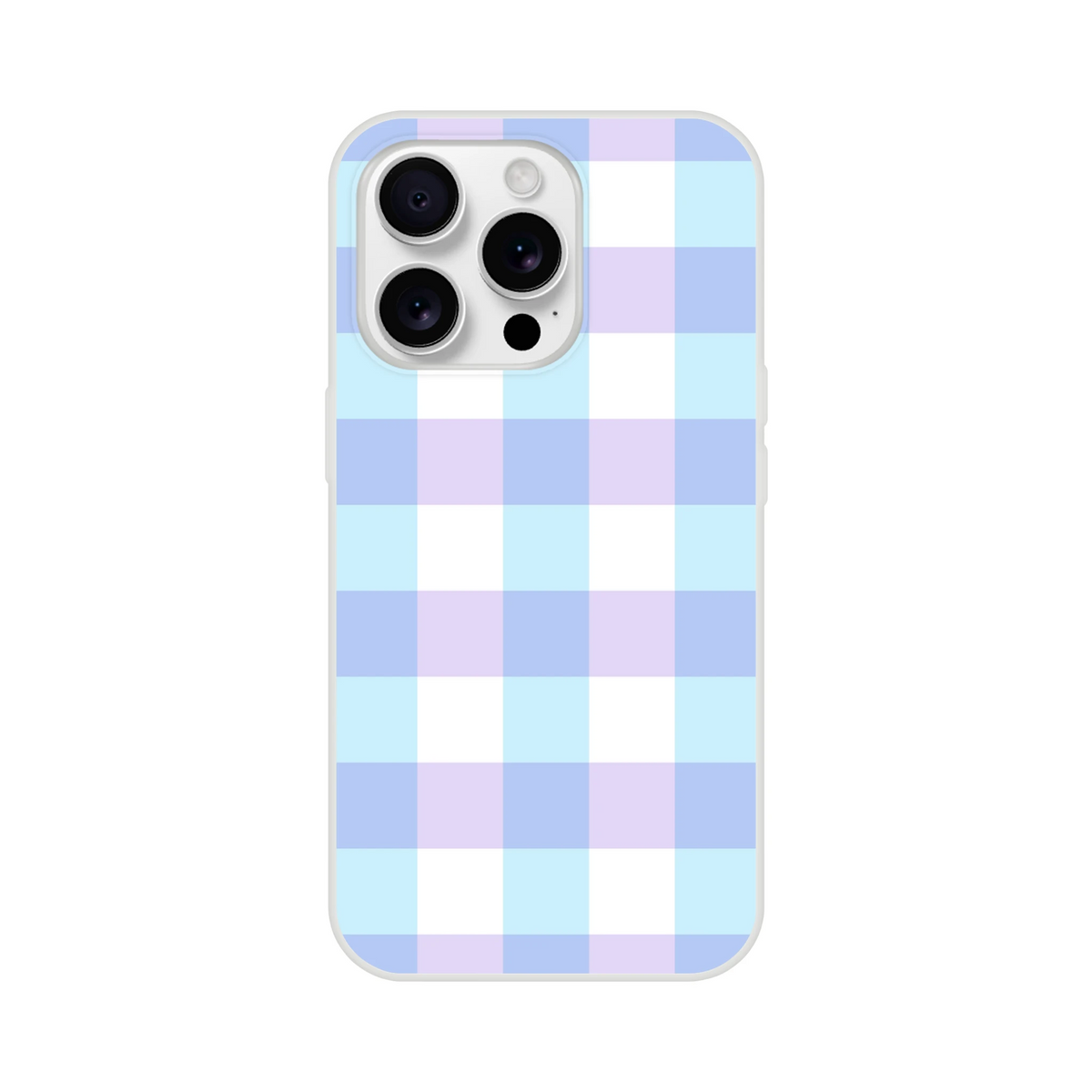 Pastel blue and lavender gingham checkered iPhone case for iPhone 13-16 with a slim flexible shell.