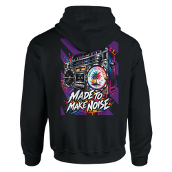 Back of black hoodie featuring retro boombox graphic with colorful palm tree speaker and "Made to Make Noise" text.