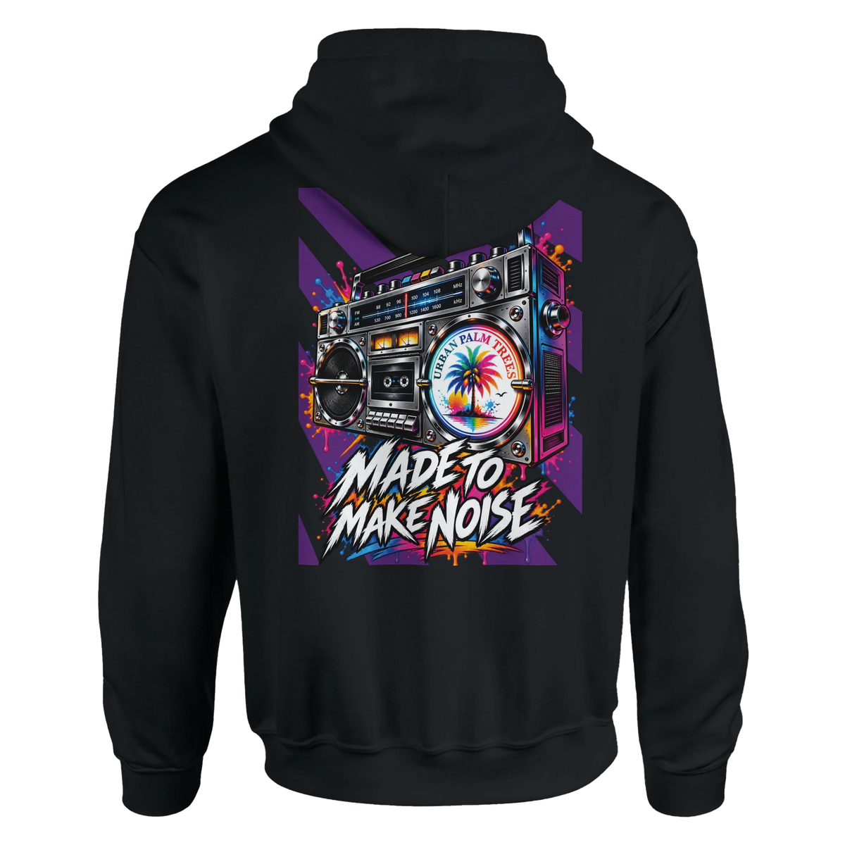 Back of black hoodie featuring retro boombox graphic with colorful palm tree speaker and "Made to Make Noise" text.