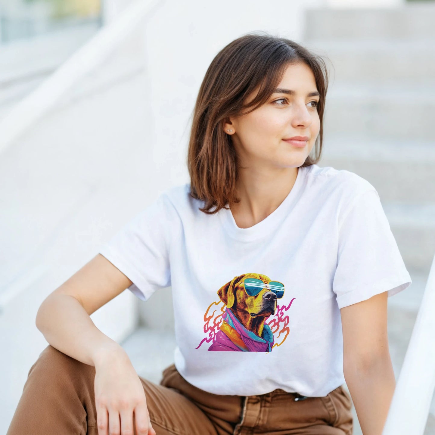 Woman in white Cool Dog T-Shirt with colorful dog graphic wearing sunglasses; soft cotton blend, relaxed fit.