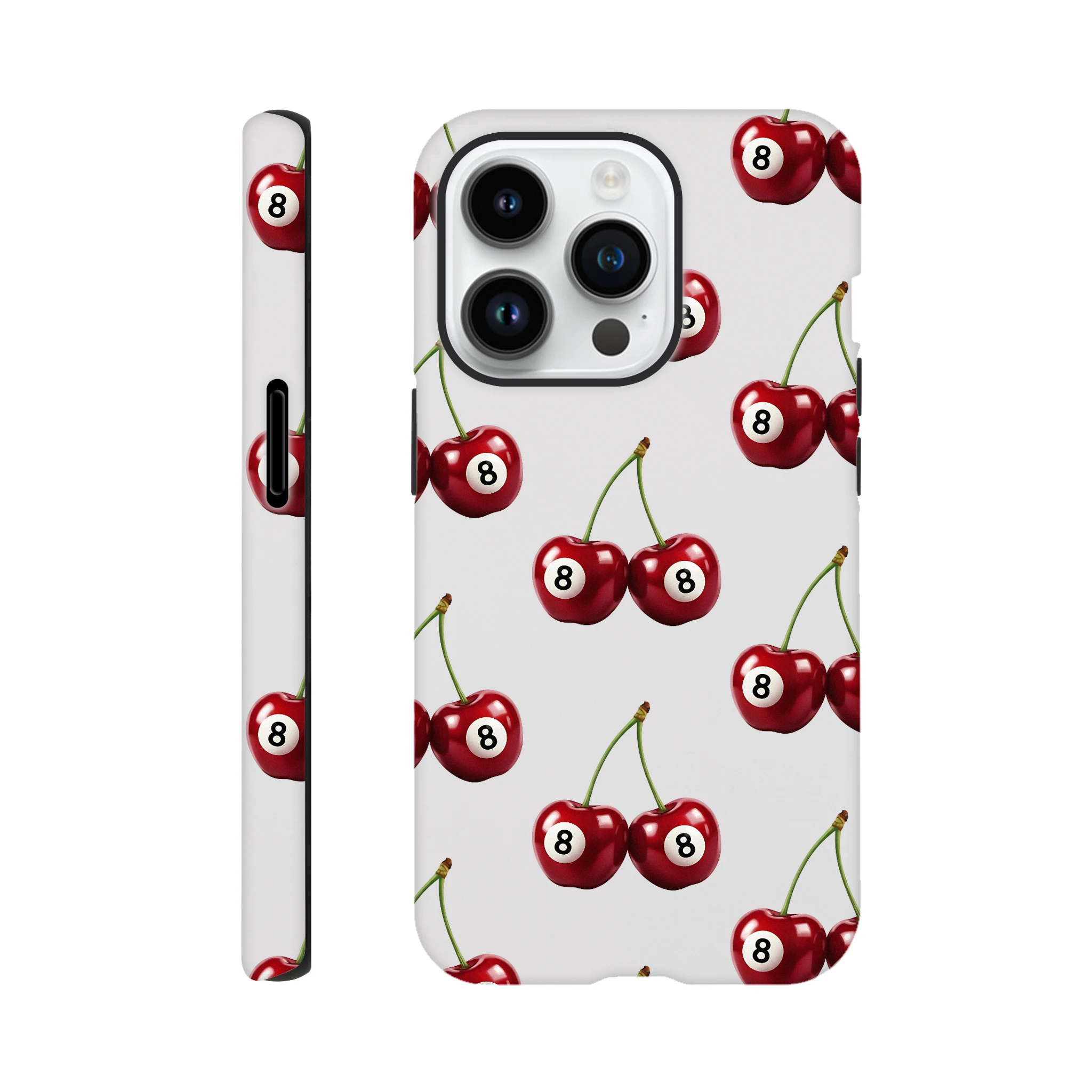 Lucky Cherries tough protective case for iPhone 16/15/14/13 with dual-layer protection and wraparound cherry print.