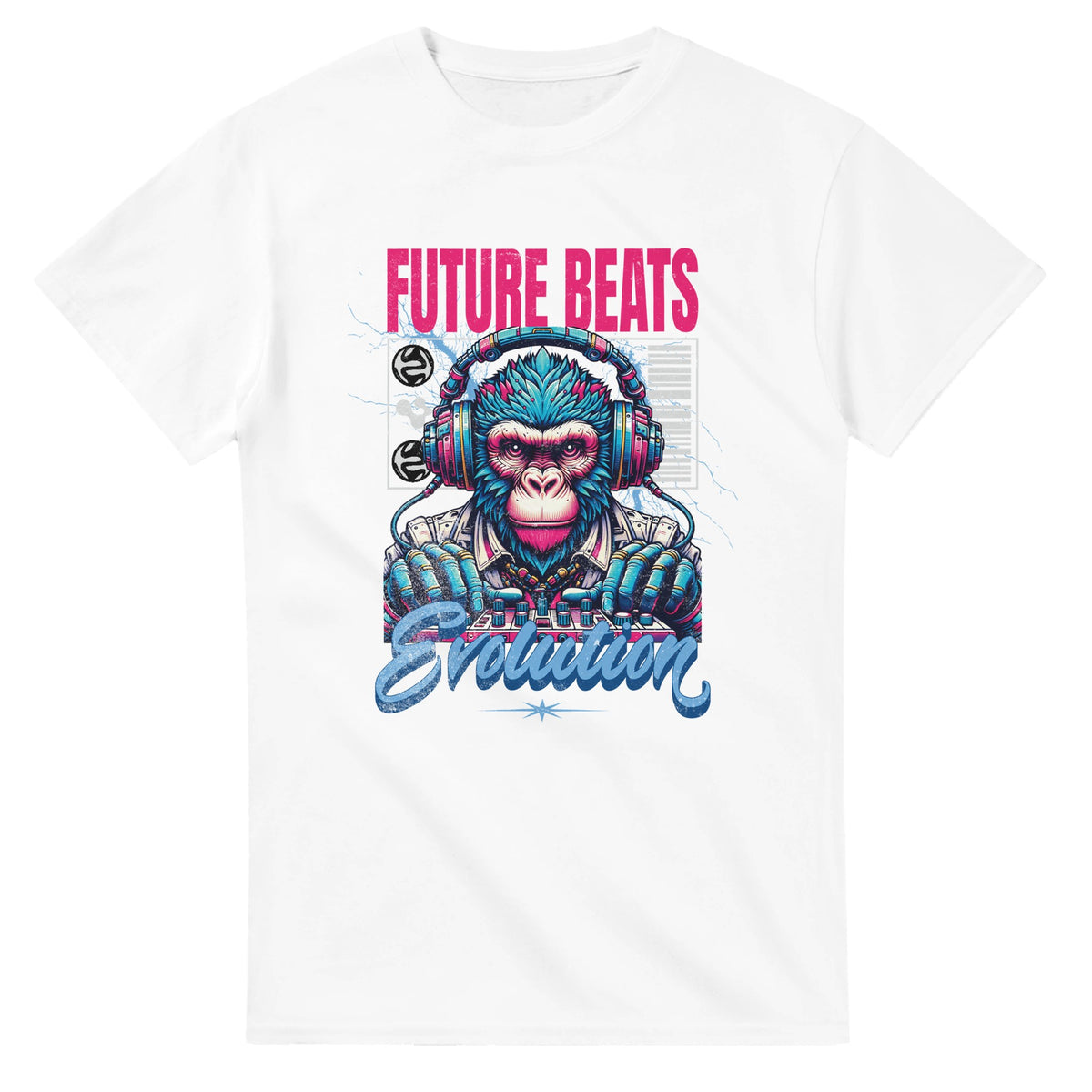 Monkey DJ graphic T-shirt with a colorful monkey wearing headphones and 'Future Beats Evolution' on white.