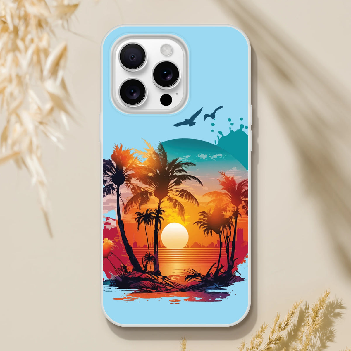Cute Sunset iPhone case for iPhone 13–16 with a blue beach sunset and palm trees, Y2K aesthetic.