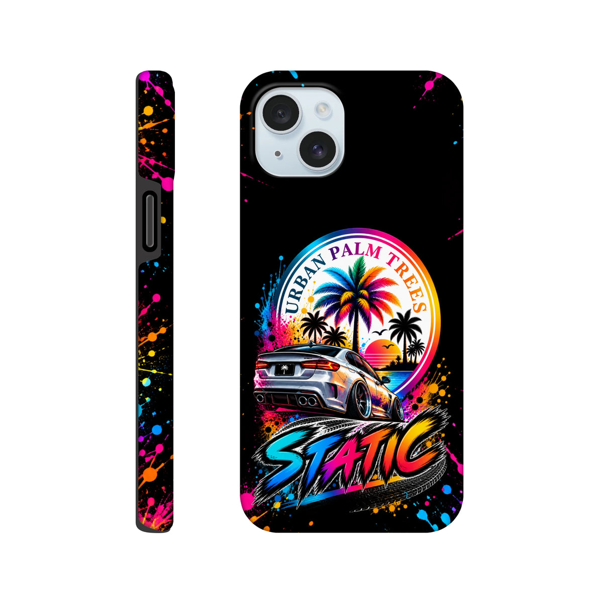 Black iPhone case with vibrant paint splatters, featuring a static slammed改装 car, Urban Palm Trees logo, and retro sunset design.