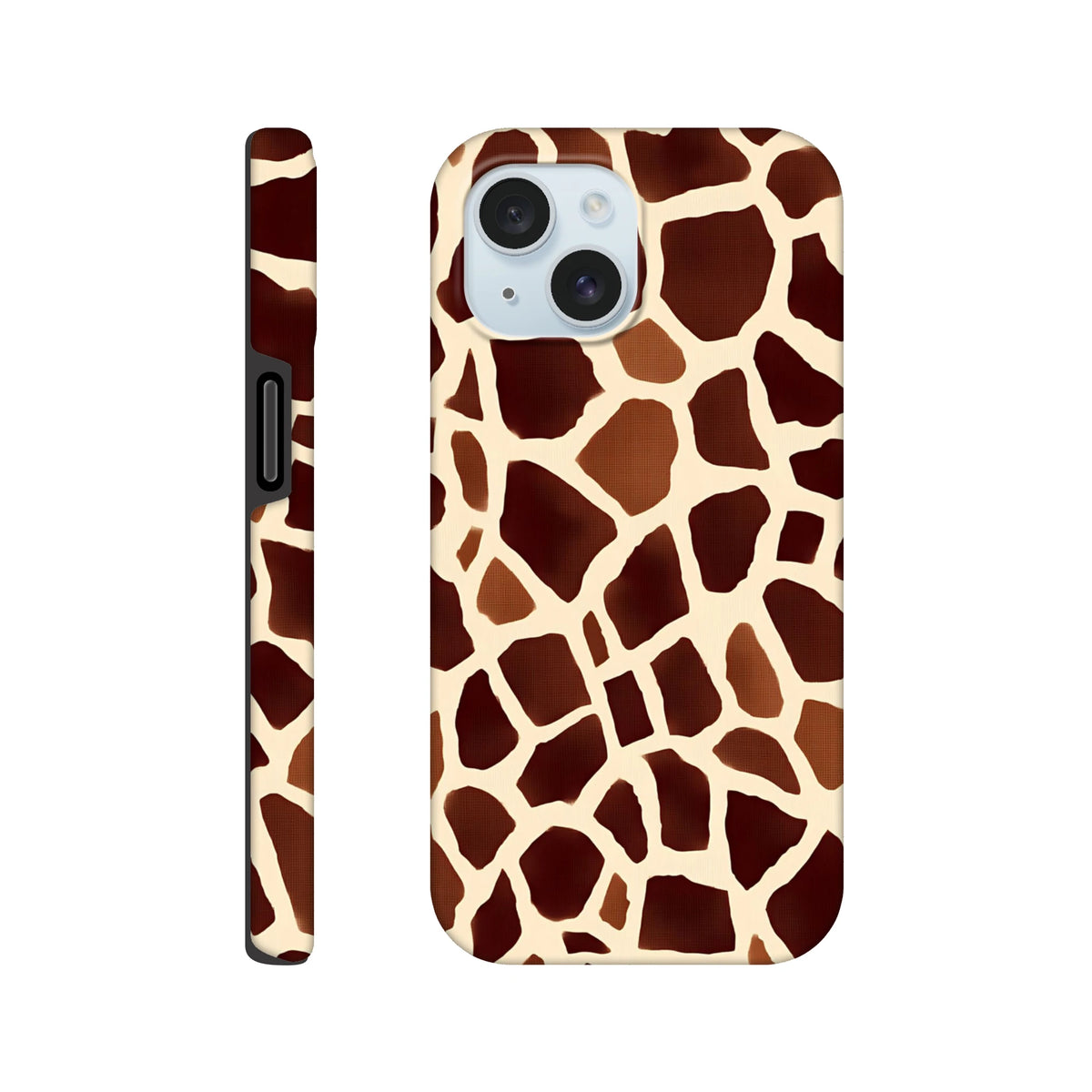 Giraffe print tough iPhone case featuring a bold safari animal pattern. Wildlife motif wraps around edges for a striking protective cover.