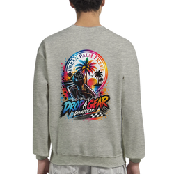 Grey sweatshirt featuring a colorful "Drop A Gear" back print with a manual shifter, palm trees, and sunset graphic.