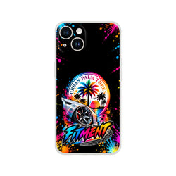 Fitment Stance iPhone case featuring a lowered silver car, Urban Palm Trees sunset graphic, and vibrant neon paint splatters on a black background.