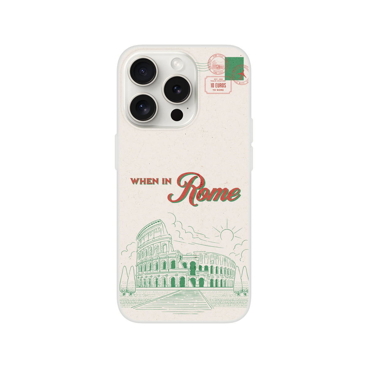 Vintage postcard iPhone case for 13-16 with Rome Holiday design featuring Colosseum stamps.