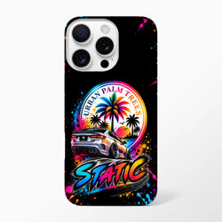 Black iPhone case featuring a lowered modified car, colorful "Urban Palm Trees" sunset graphic, and vibrant "Static" typography with paint splatters.