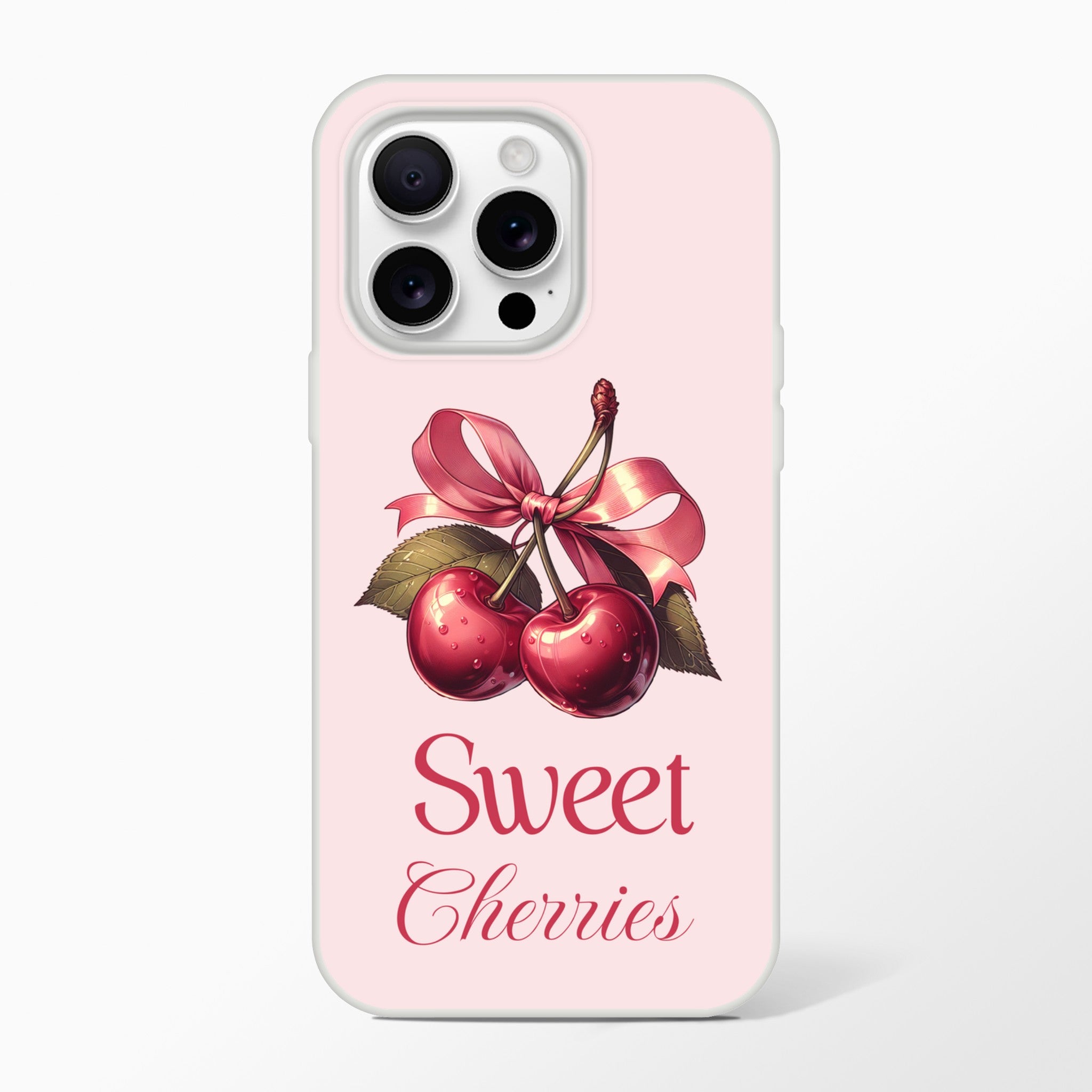 Cherries iPhone case on pink background with two cherries tied by a ribbon and Sweet Cherries text