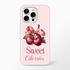 Cherries iPhone case on pink background with two cherries tied by a ribbon and Sweet Cherries text