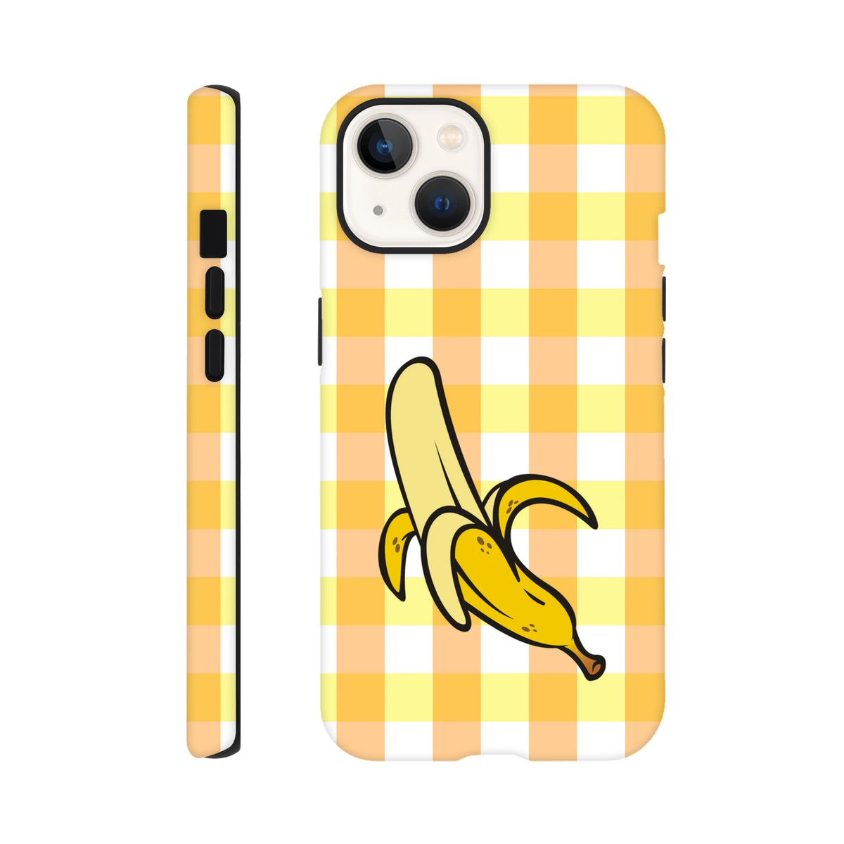 Yellow gingham iPhone case featuring a peeled cartoon banana graphic. Durable protective cover with a retro checkered pattern.