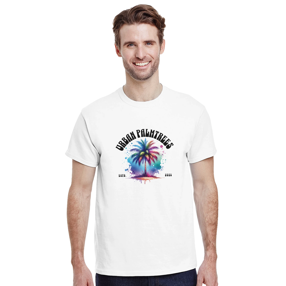 Urban Palm Trees T-Shirt for Men with colorful palm trees graphic in retro streetwear summer style.