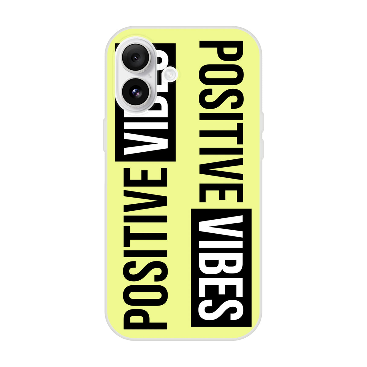 Bright yellow slim iPhone case for 13-16 with bold black slogan POSITIVE VIBES.