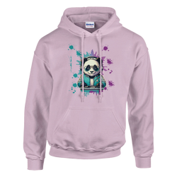 Panda DJ men's graphic hoodie in pink, 50/50 cotton-poly blend, front pocket, DJ panda graphic with colorful splash.