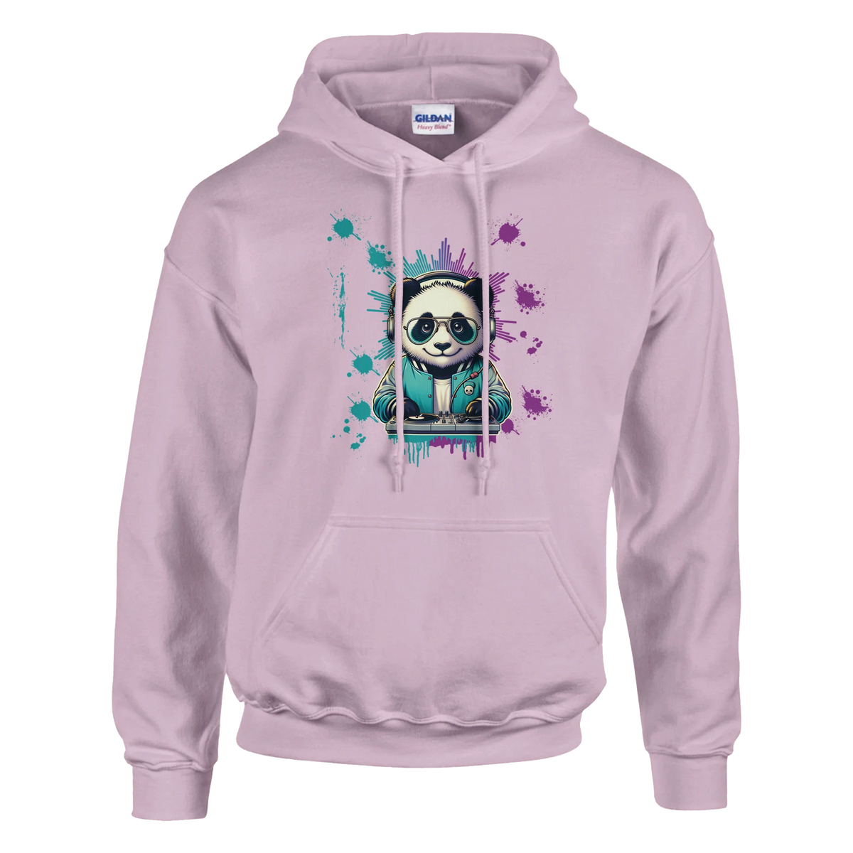 Panda DJ men's graphic hoodie in pink, 50/50 cotton-poly blend, front pocket, DJ panda graphic with colorful splash.