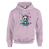Panda DJ men's graphic hoodie in pink, 50/50 cotton-poly blend, front pocket, DJ panda graphic with colorful splash.