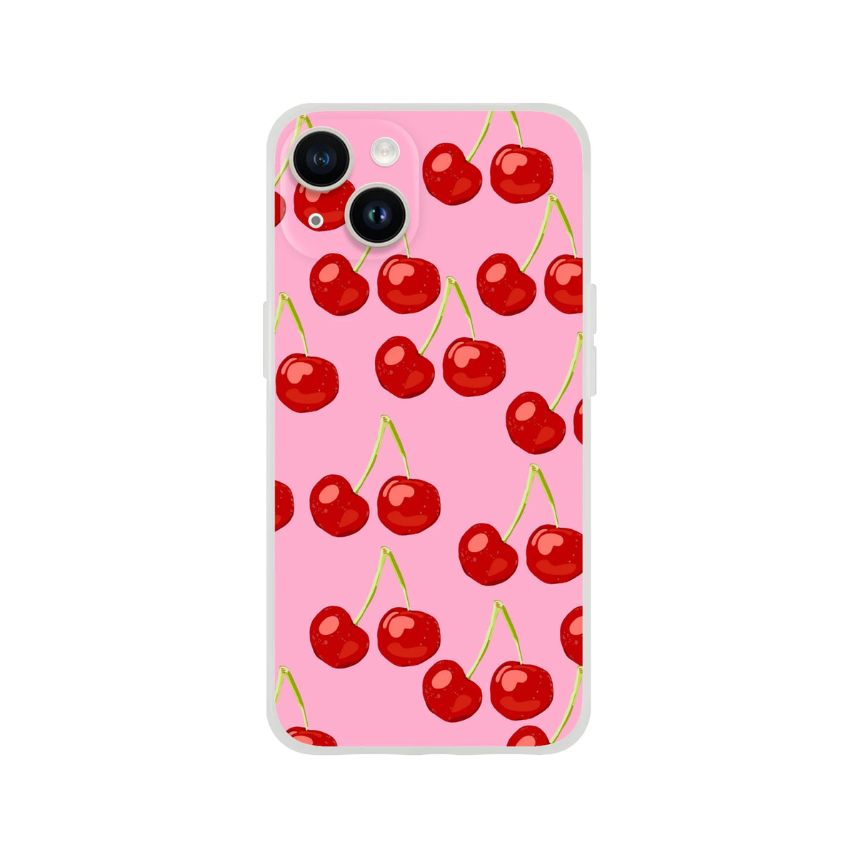 Pink Cherry iPhone Case (13-16) in Coquette aesthetic with cherry pattern and slim matte shell