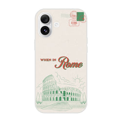 Vintage postcard Rome iPhone case (13-16) with Colosseum illustration and retro stamps, matte finish.
