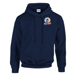 Navy blue hoodie featuring Urban Palm Trees and Full Send graphic with pouch pocket for car culture streetwear.