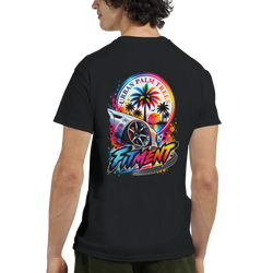 Black graphic tee featuring a lowered modified car, palm trees, sunset, and "FITMENT" text for petrolhead culture.