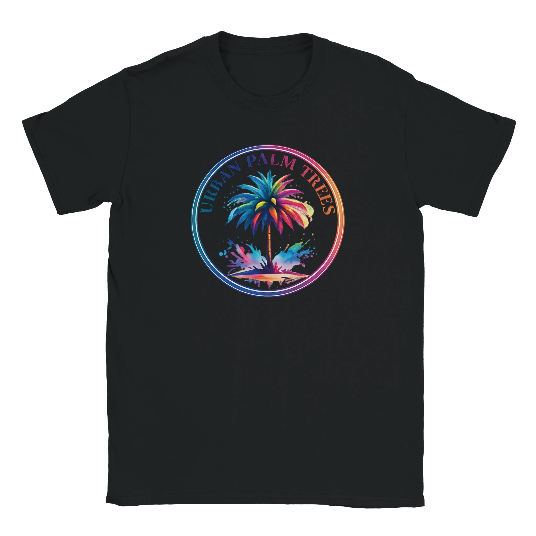 Retro Palm Tree T‑Shirt for Men with colorful circular Urban Palm Trees design on black tee