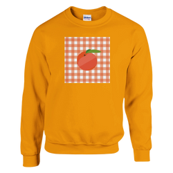 Retro orange gingham sweatshirt for women with a peach graphic on a gingham patch.