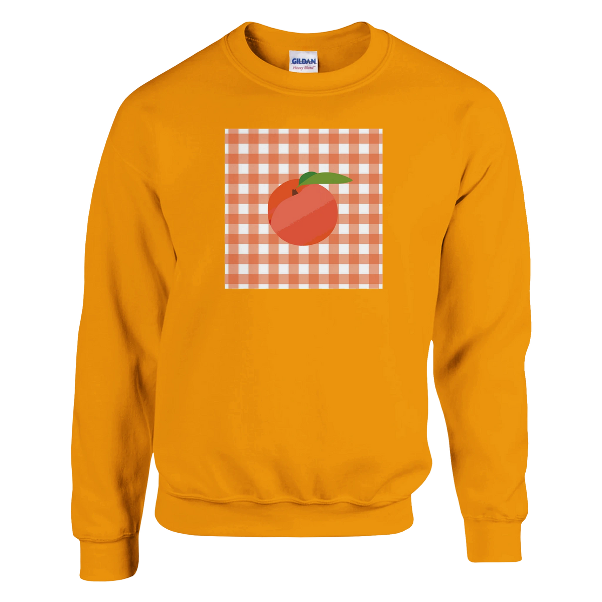 Retro orange gingham sweatshirt for women with a peach graphic on a gingham patch.