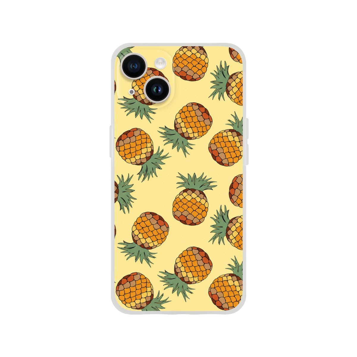 Cute pineapple pattern iPhone case for 13-16, slim flexible matte yellow cover with vibrant pineapples.