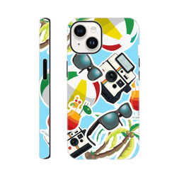 Blue summer holiday sticker effect iPhone case featuring palm trees, vintage cameras, sunglasses, and beach balls on a light blue background.