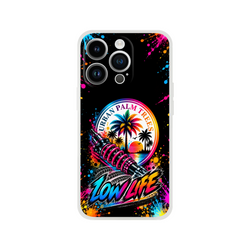 Low Life car culture iPhone case featuring Urban Palm Trees logo, pink shock absorber, and colorful paint splatter on black.