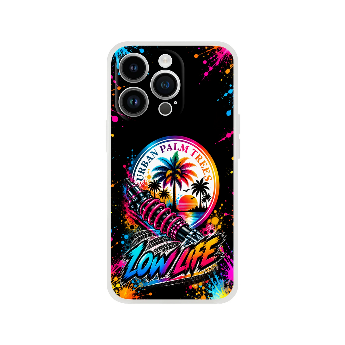 Low Life car culture iPhone case featuring Urban Palm Trees logo, pink shock absorber, and colorful paint splatter on black.