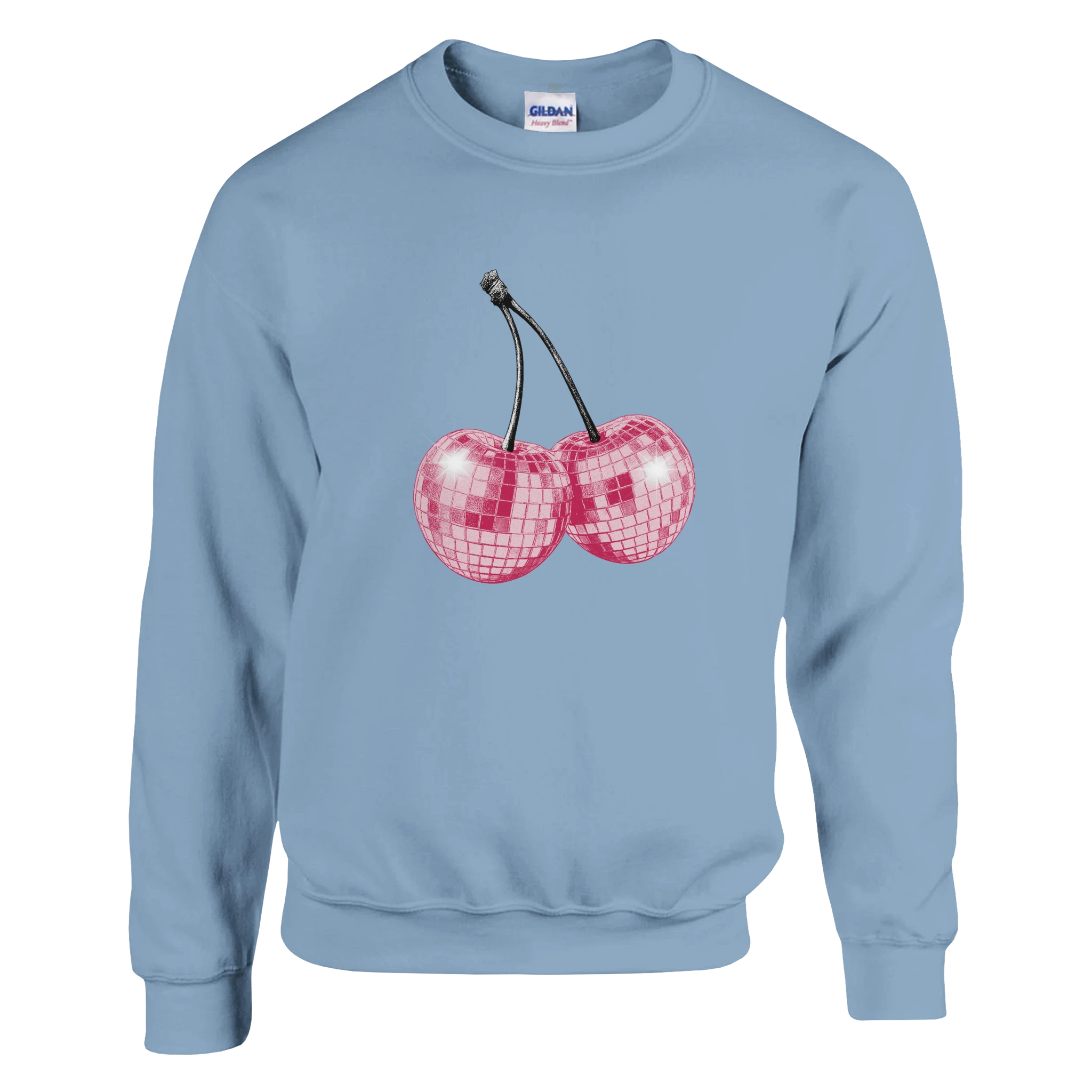 Pastel blue Women's Y2K Cherries Sweatshirt with glitter pink disco-cherries graphic by Urban Palm Trees.