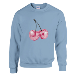 Pastel blue Women's Y2K Cherries Sweatshirt with glitter pink disco-cherries graphic by Urban Palm Trees.