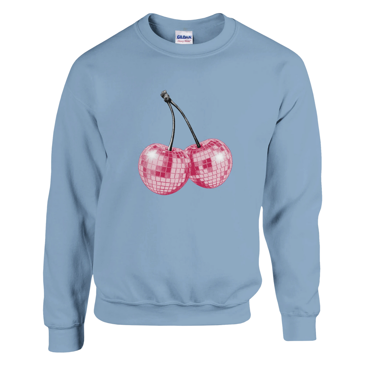 Pastel blue Women's Y2K Cherries Sweatshirt with glitter pink disco-cherries graphic by Urban Palm Trees.