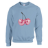 Pastel blue Women's Y2K Cherries Sweatshirt with glitter pink disco-cherries graphic by Urban Palm Trees.