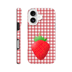 Red and white gingham iPhone case featuring a large cute strawberry graphic and tough drop protection design.