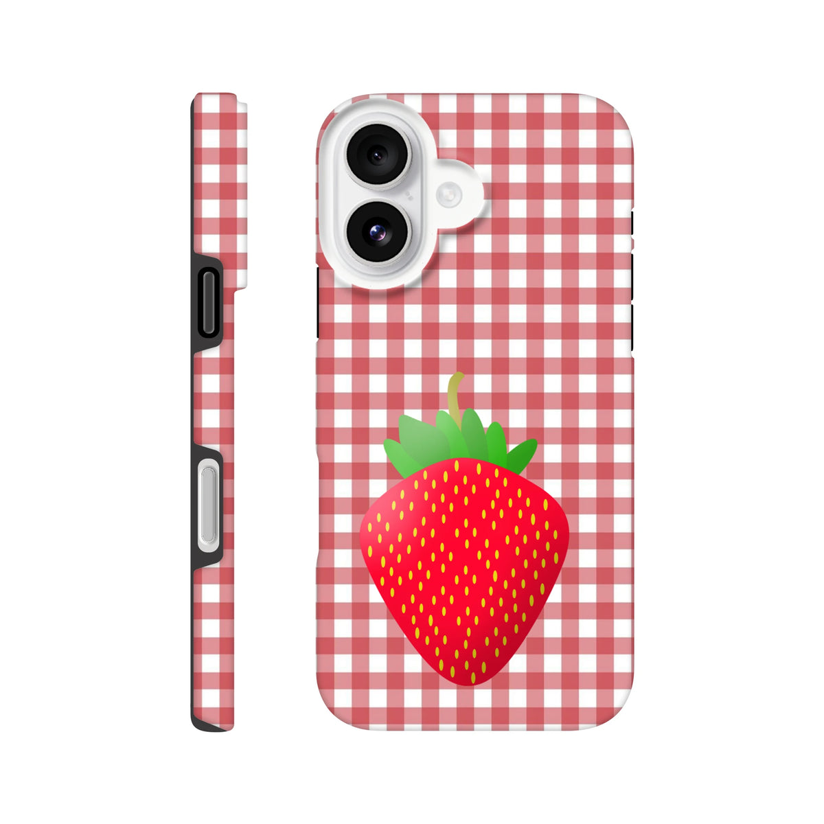 Red and white gingham iPhone case featuring a large cute strawberry graphic and tough drop protection design.