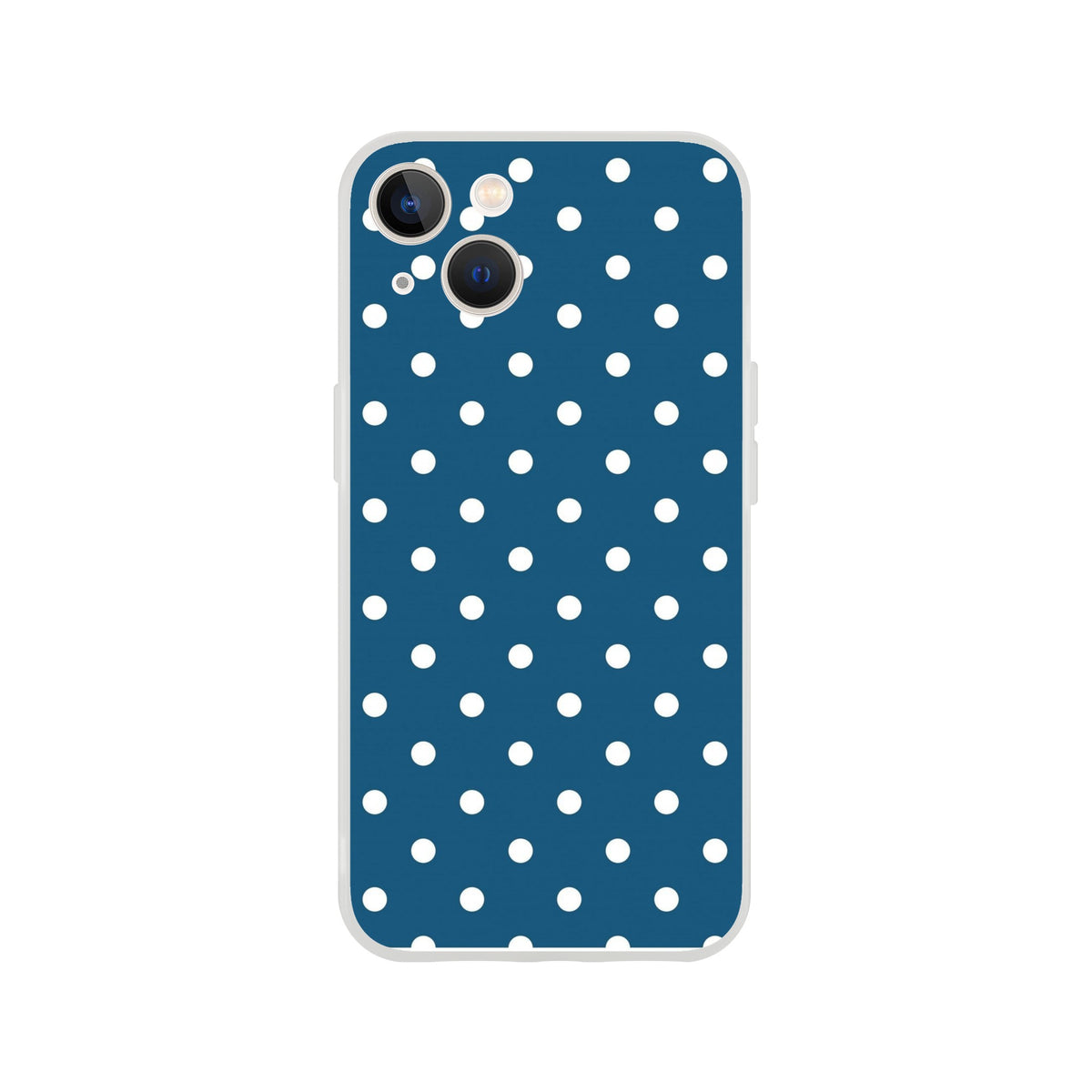 Retro navy blue iPhone case with white polka dots, featuring a matte TPU finish for shock-absorbing protection on iPhone 13-16 models.