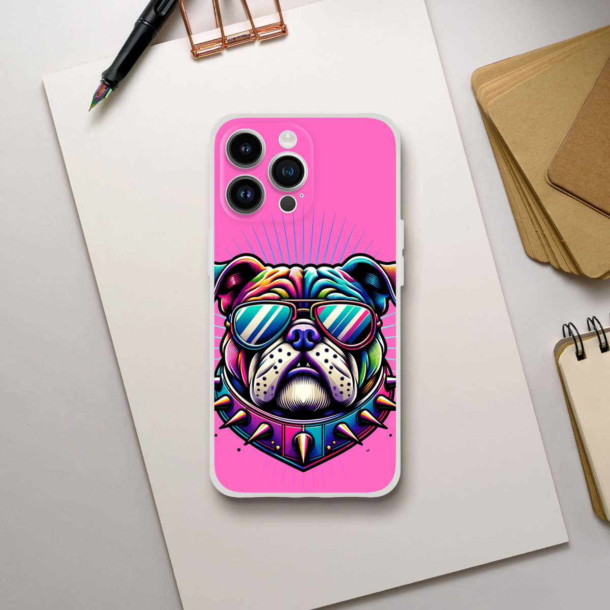 Pink Y2K Bulldog iPhone Case featuring retro dog artwork and sunglasses for iPhone 13–16