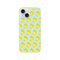 Pastel blue iPhone case featuring a yellow lemon pattern. Cute summer fruit design with shock-absorbing TPU protection for iPhone 13-16 models.
