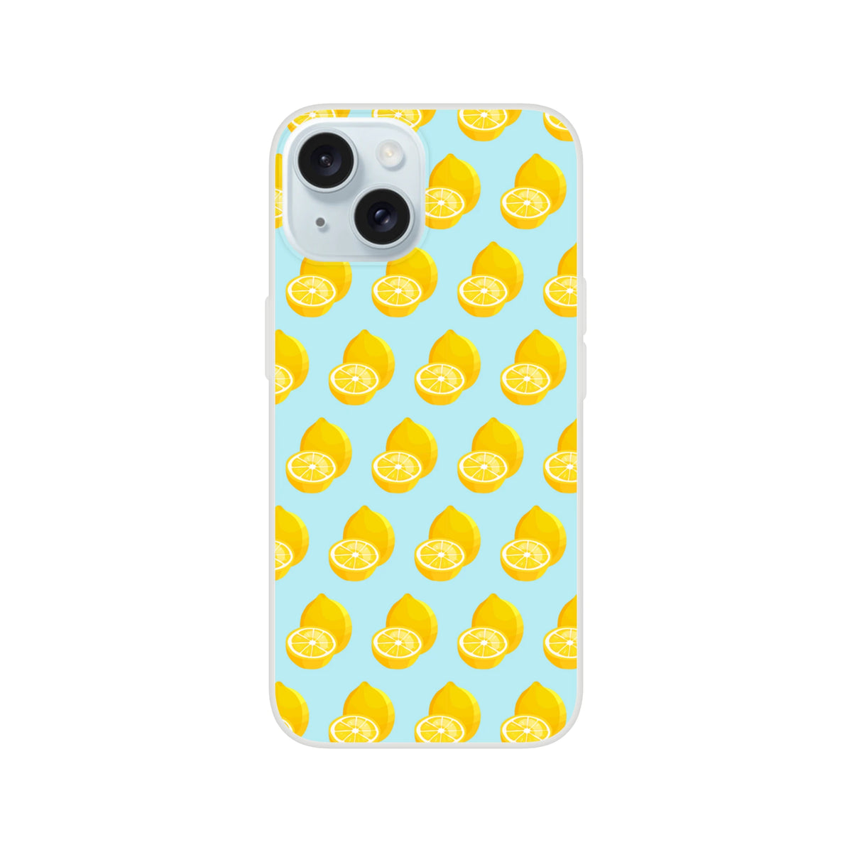 Pastel blue iPhone case featuring a yellow lemon pattern. Cute summer fruit design with shock-absorbing TPU protection for iPhone 13-16 models.