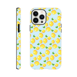 Cute lemon tough iPhone case with fresh yellow fruit pattern on light blue background, designed for iPhone 13-16.