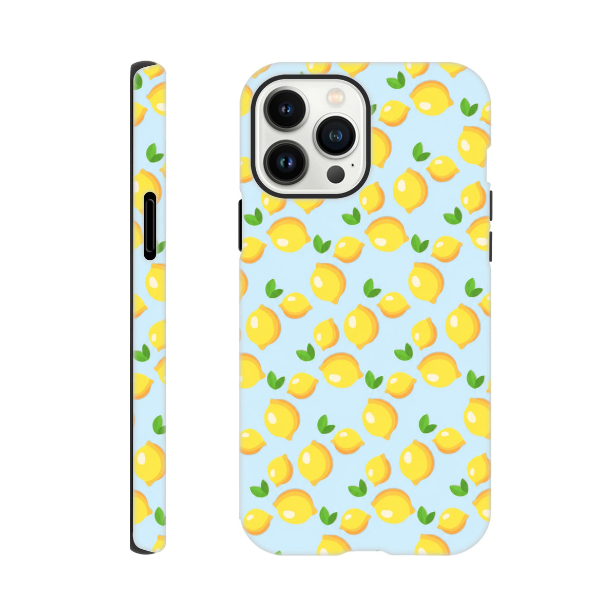 Cute lemon tough iPhone case with fresh yellow fruit pattern on light blue background, designed for iPhone 13-16.