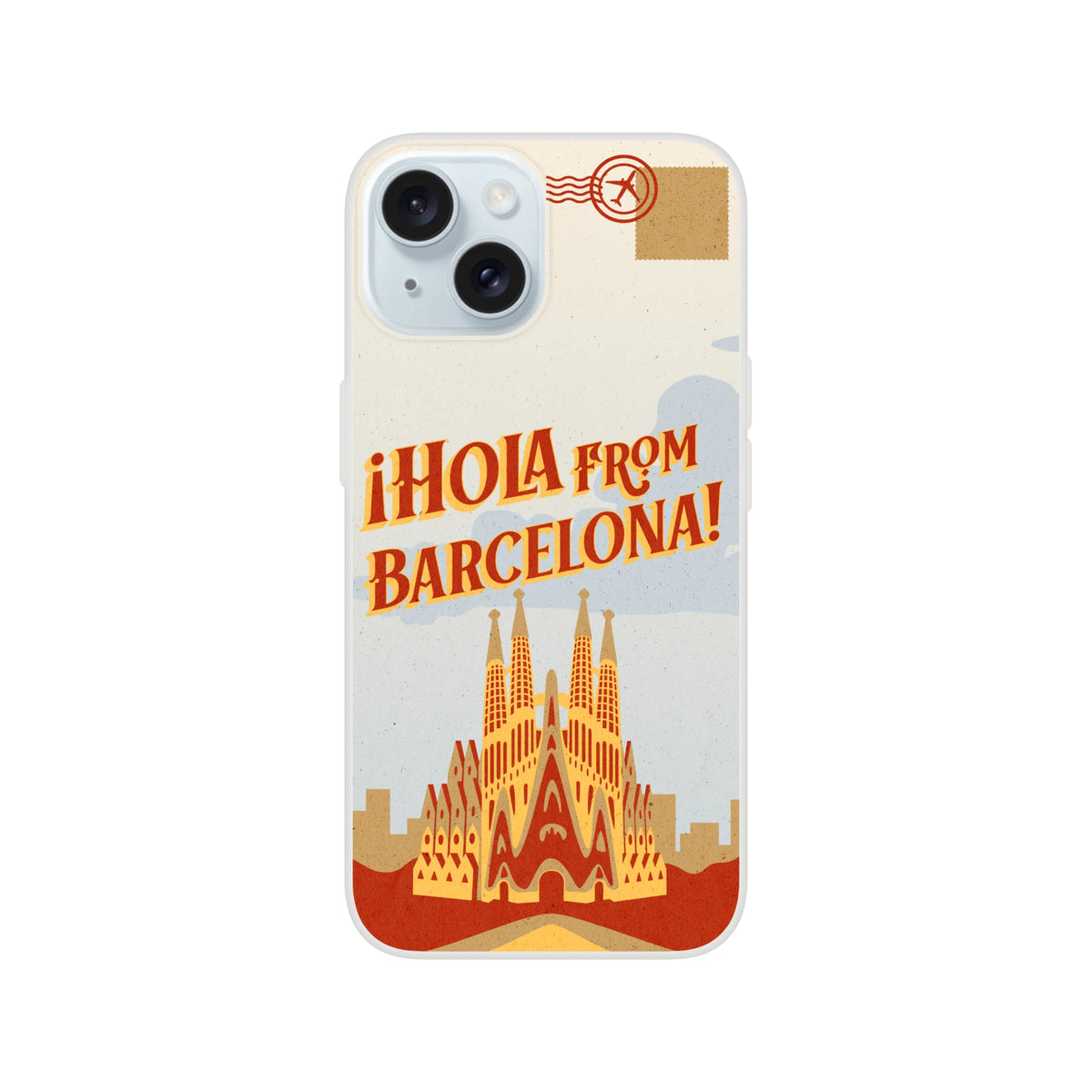 Vintage postcard iPhone case with Barcelona skyline and Hola from Barcelona travel design.