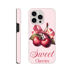 Pink iPhone case featuring vintage red cherries tied with a pink bow and Sweet Cherries script text for retro style protection.