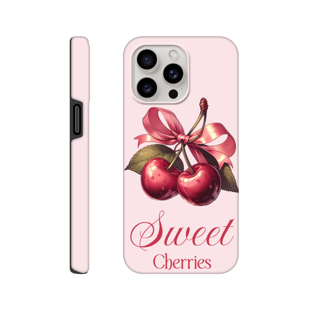 Pink iPhone case featuring vintage red cherries tied with a pink bow and Sweet Cherries script text for retro style protection.