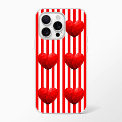 Red Stripe Heart iPhone case for 13-16 with vertical stripes and geometric hearts, cute romantic aesthetic.
