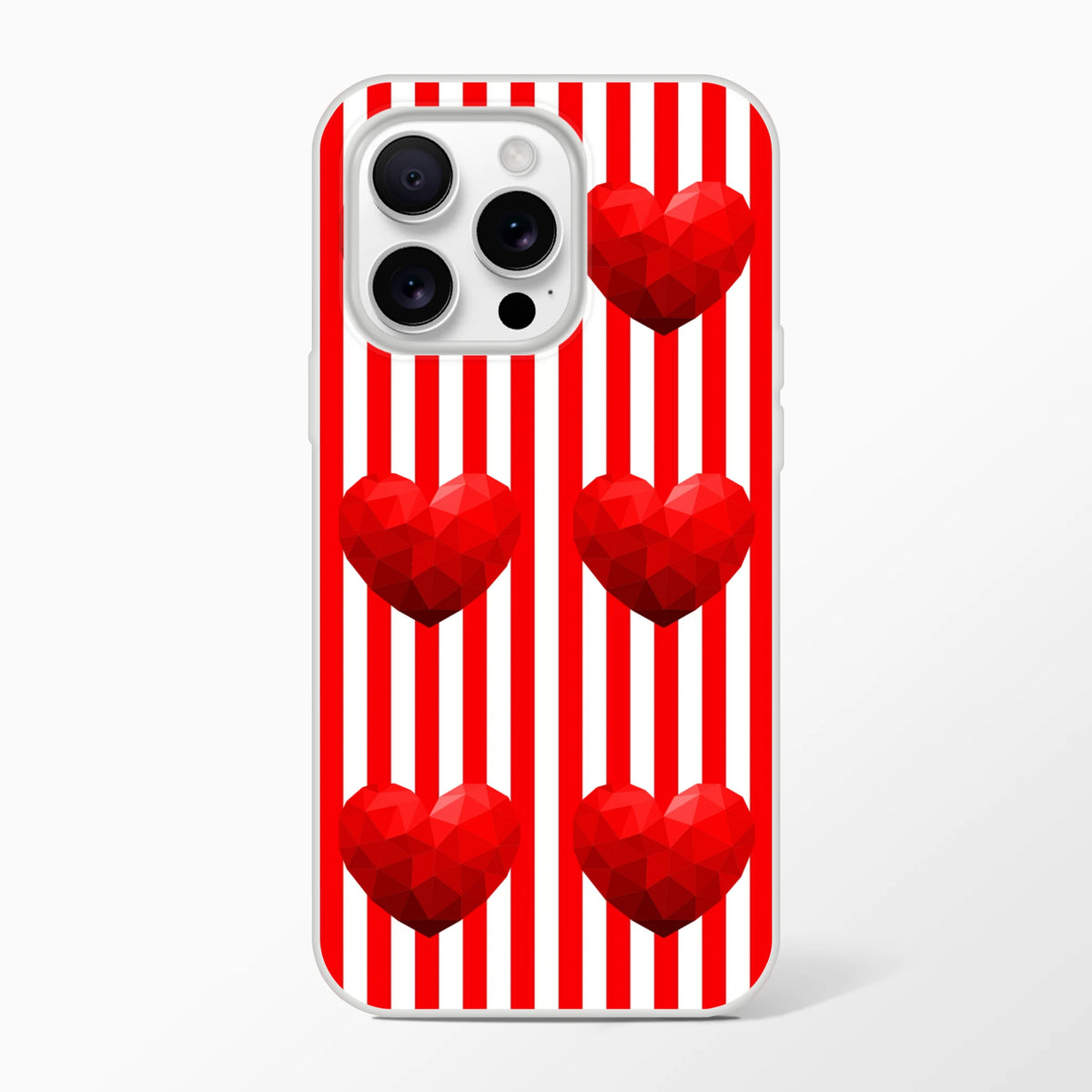 Red Stripe Heart iPhone case for 13-16 with vertical stripes and geometric hearts, cute romantic aesthetic.
